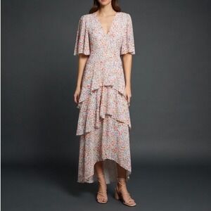 Fourteenth Place Womens Floral Tiered High Low Maxi‎ Dress Smocked Waist Small